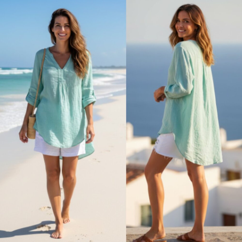 L.L. Bean Women's Teal Premium Washed Linen Splitneck Shirt, Large